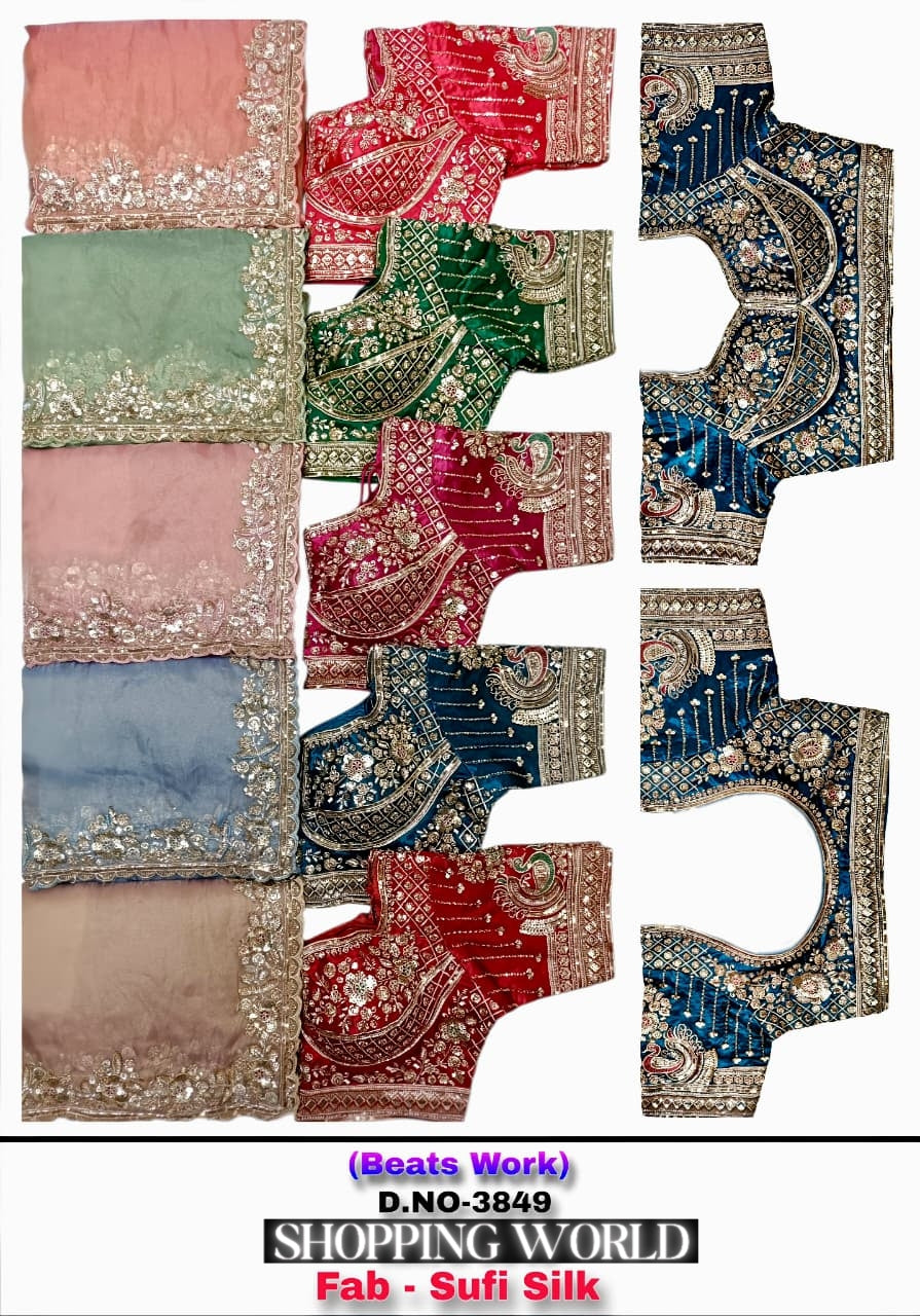 Peach Pink Green Blue Golden Sufi Silk Saree