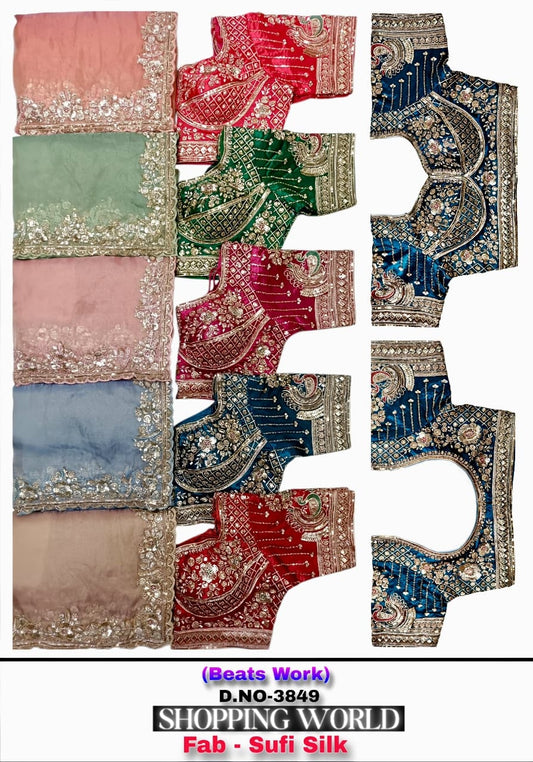 Peach Pink Green Blue Golden Sufi Silk Saree