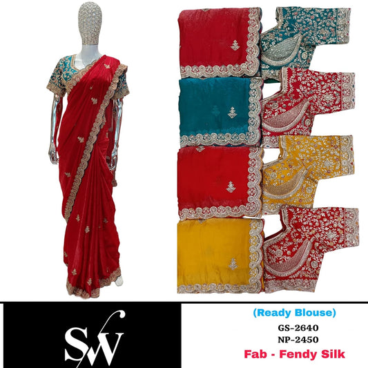 Yellow Blue Red Fendy Silk Saree