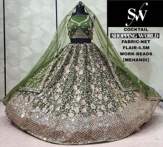 Mehendi Green Net Lehenga