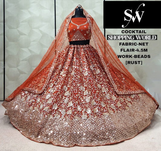 Rust Orange Net Lehenga