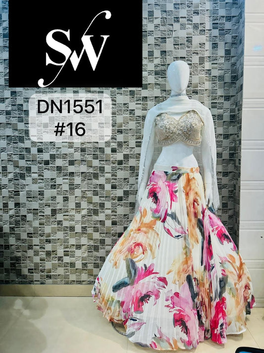 White Pink Designer Crop Top Lehenga