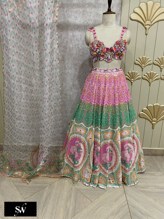 Pink Green Pdp Crop Top Lehenga
