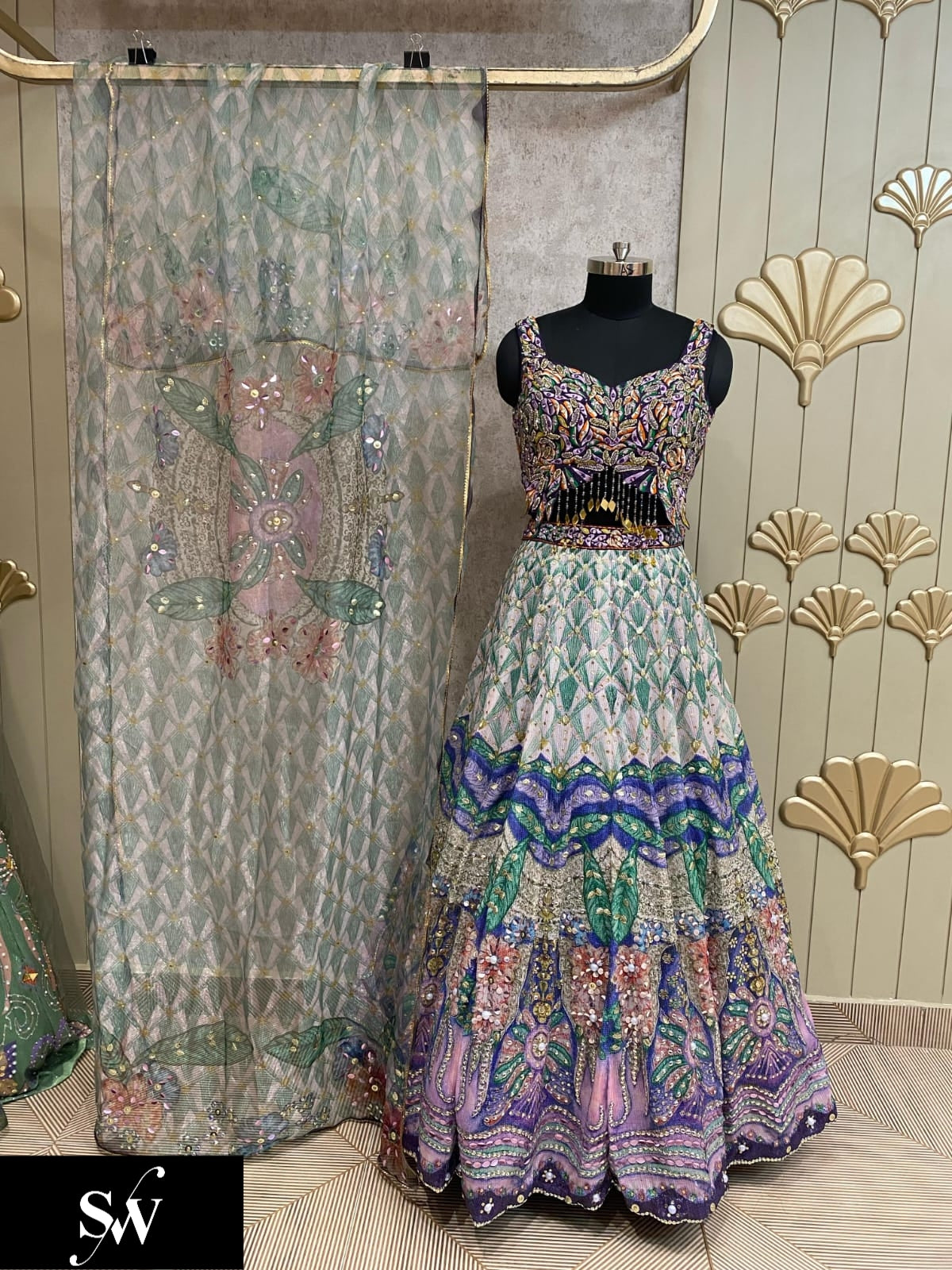 Purple Green Pdp Crop Top Lehenga