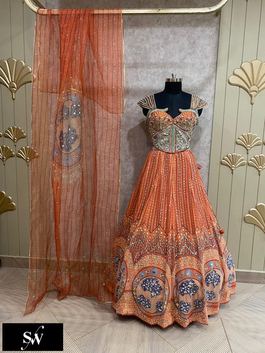 Orange Peach Crop Top Lehenga