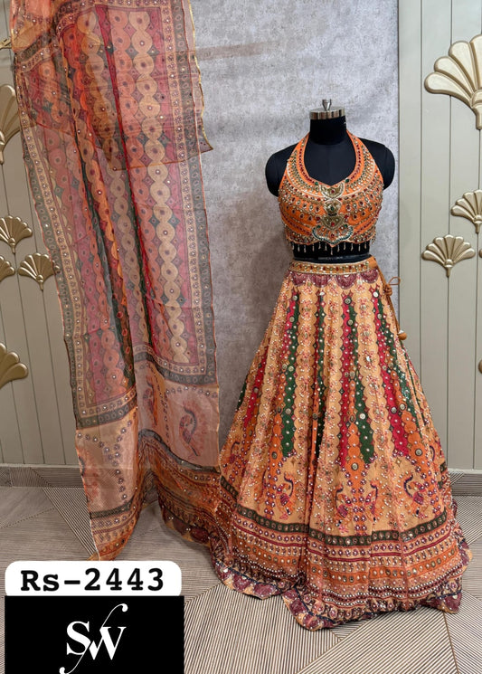 Peach Mustard Green Pdp Crop Top Lehenga
