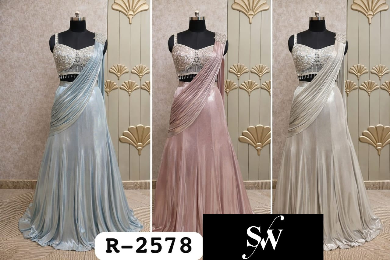 Sky Blue Pink White Fish cut Crop Top Lehenga