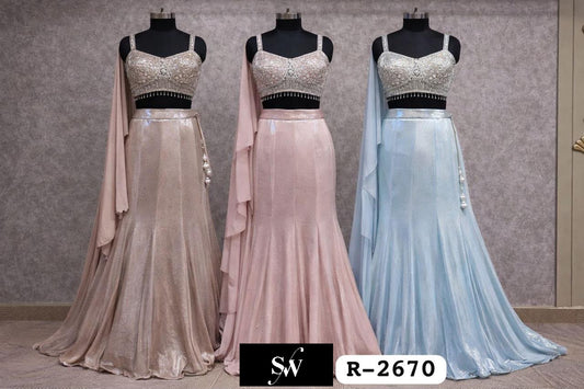 Peach Pink Sky Blue Crop Top Lehenga