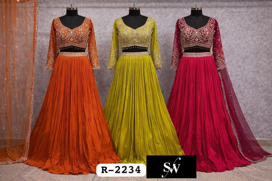 Hot Pink Rust Orange Yellow Haldi Mehendi Crop Top Lehenga