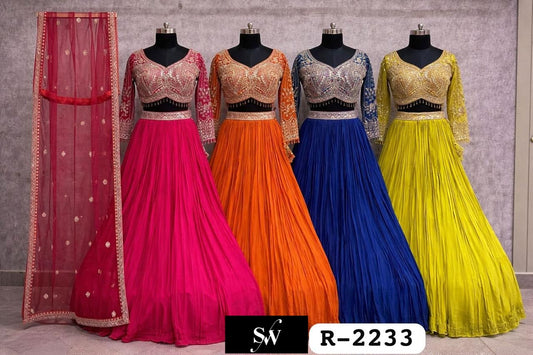 Hot Pink Rust Orange Purple Yellow Haldi Mehendi Crop Top Lehenga