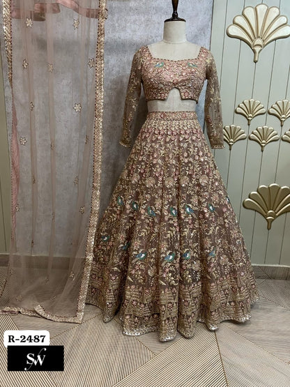 Brown Golden Crop Top Lehenga