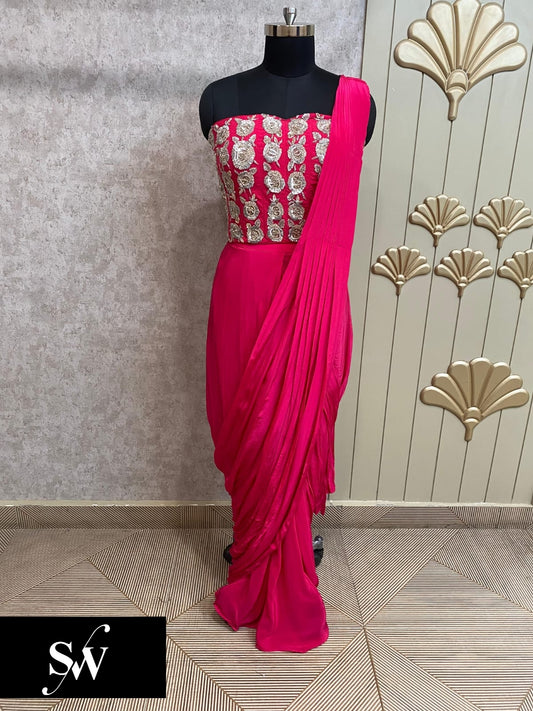 Hot Pink Designer Ready To Wear Drape Saree