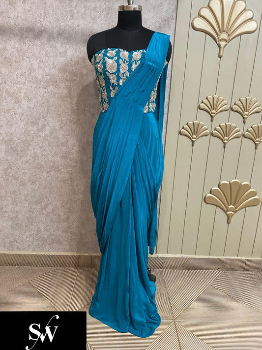 Sky Blue Designer Ready To Wear Drape Saree