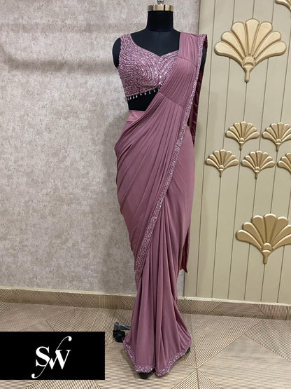 Peach Pink Ready To Wear Designer Drape Saree