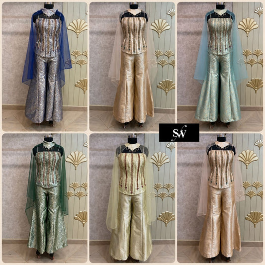 Blue Peach Sky Blue Golden Baby Pink Plazo Dress Suit