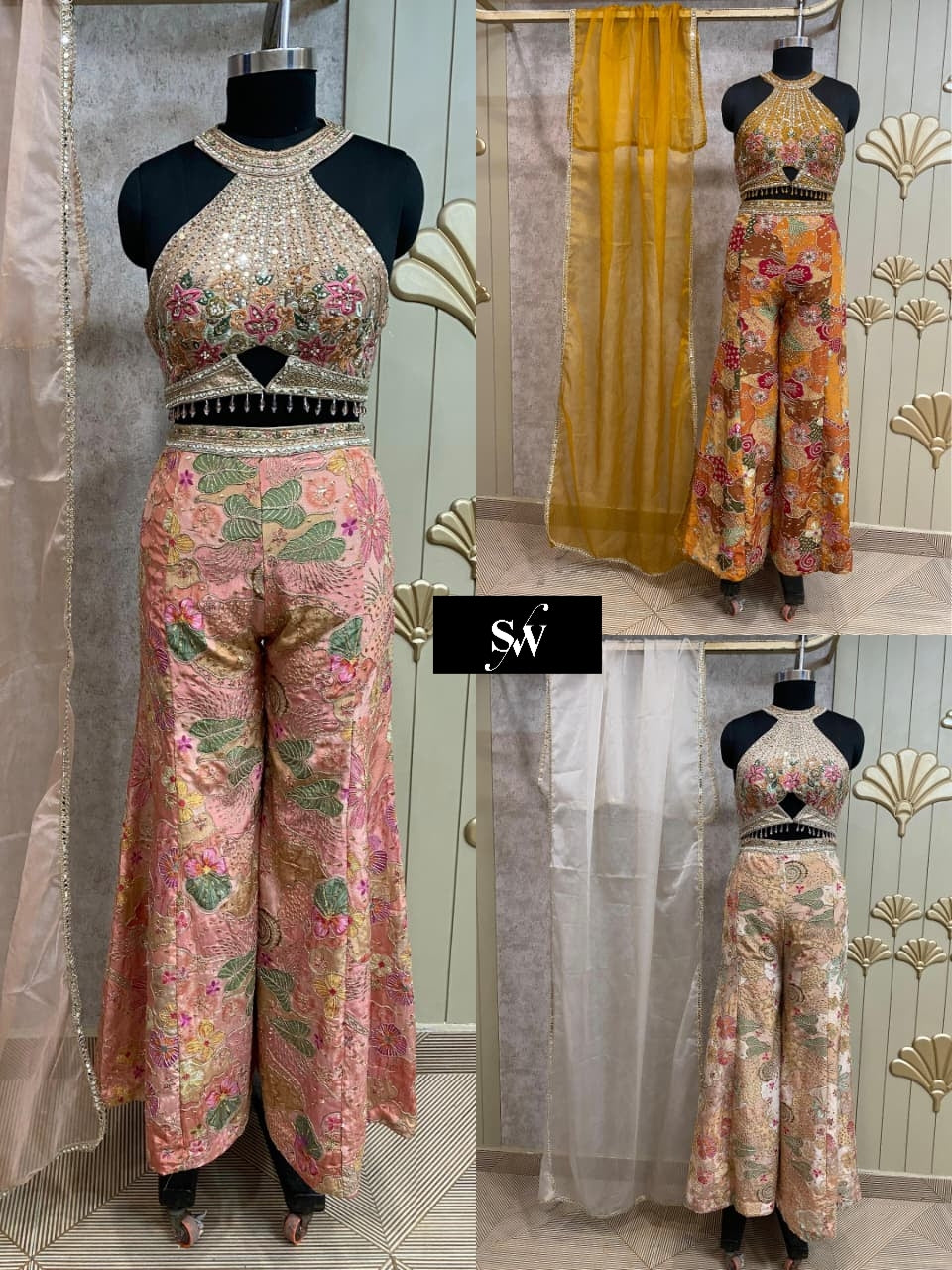 Baby Pink Mustard White Plazo Dress Suit