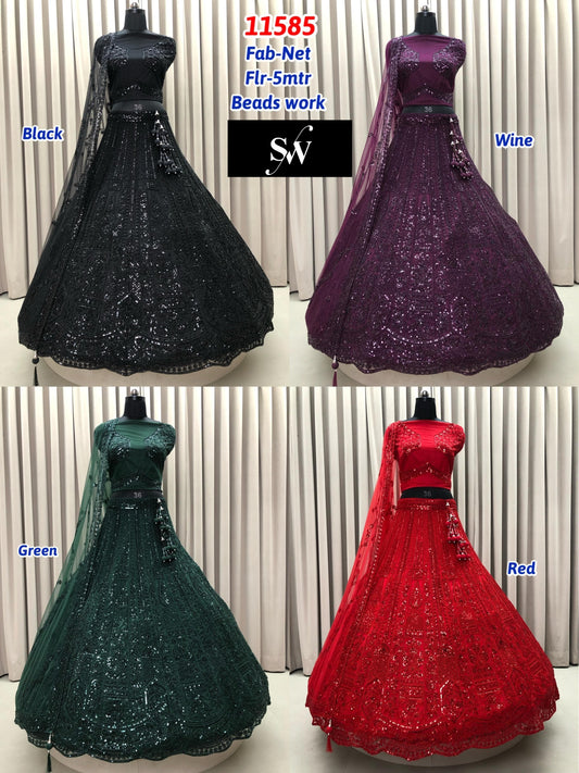 Black Wine Green Red Net Lehenga