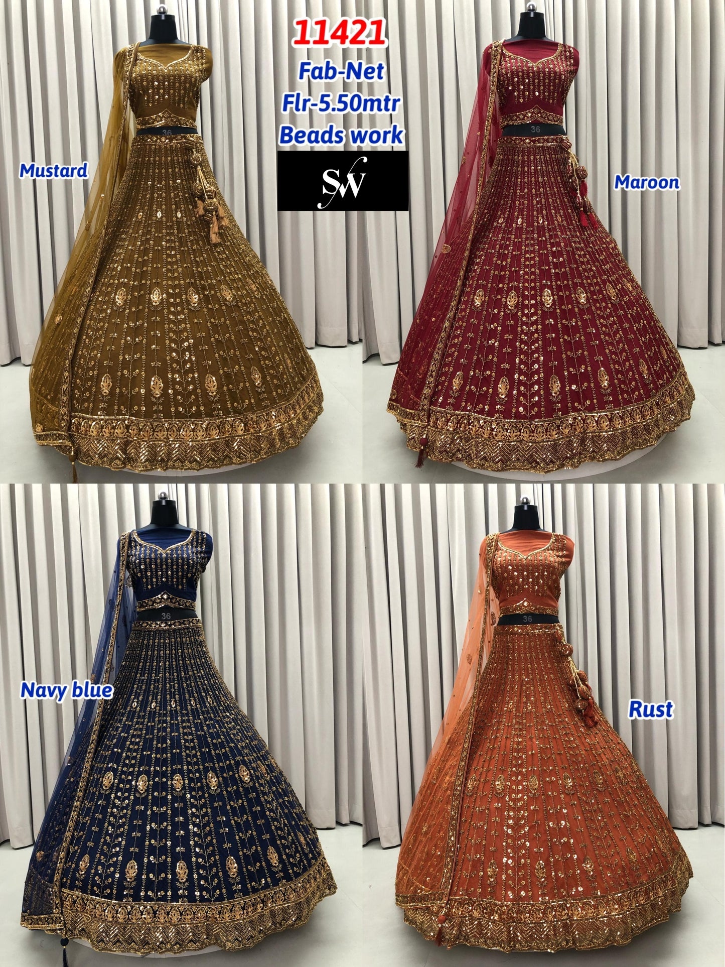 Mustard Maroon Navy Blue Rust orange Net Lehenga