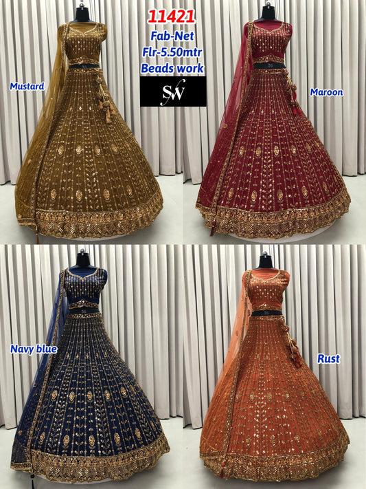 Mustard Maroon Navy Blue Rust orange Net Lehenga