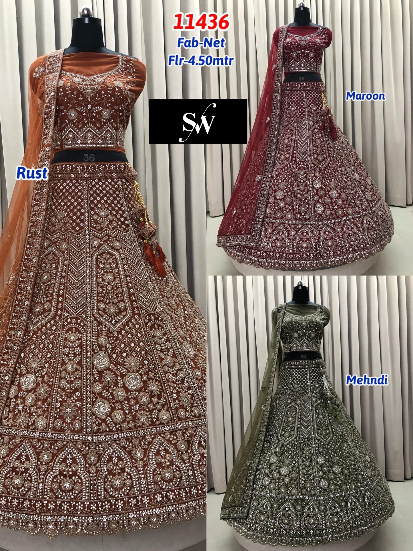 Maroon Rust Orange Mehendi Green Net Lehenga