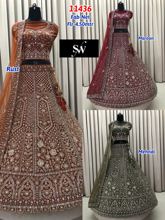 Maroon Rust Orange Mehendi Green Net Lehenga