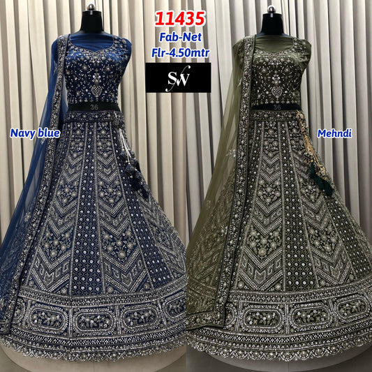 Navy Blue Mehendi Green Net Lehenga