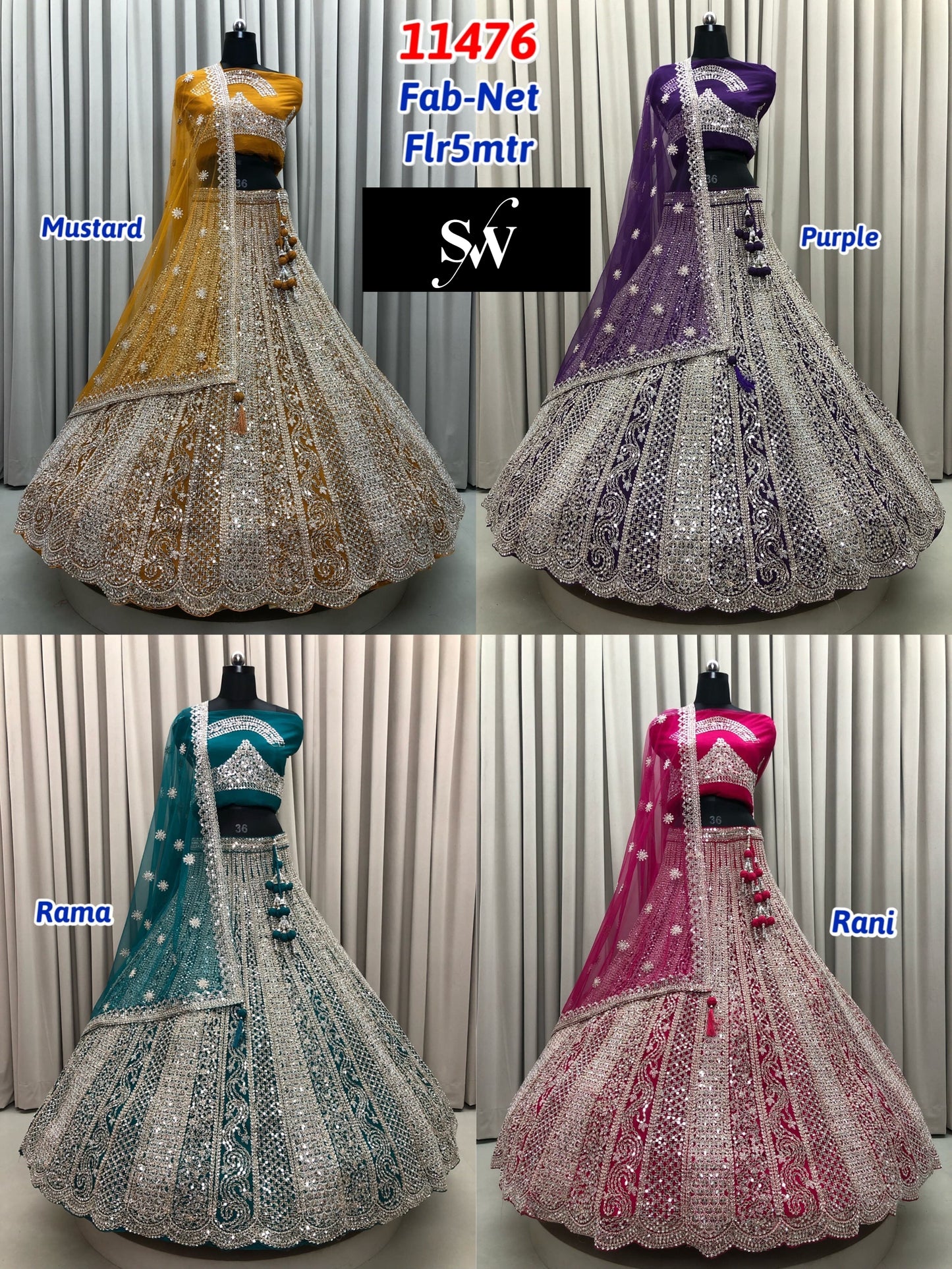 Mustard Purple Rama Green Rani Pink Net Lehenga