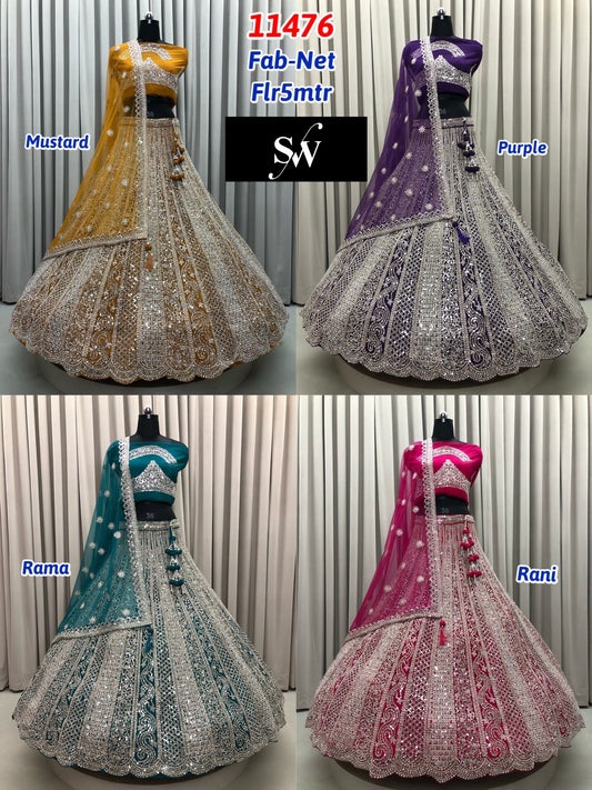 Mustard Purple Rama Green Rani Pink Net Lehenga