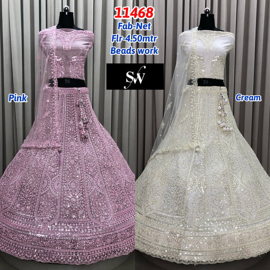 Pink White Cream Net Lehenga