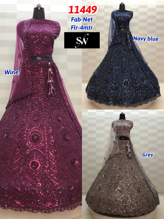 Wine Navy Blue Silver Grey Net Lehenga