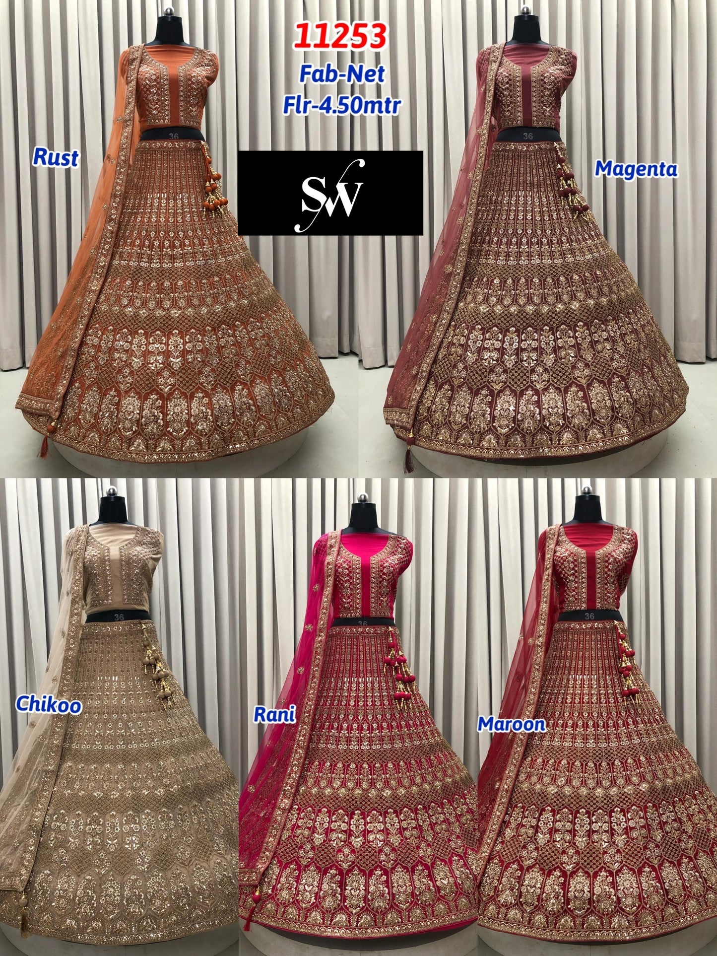 Rust Orange Magenta Chiku Golden Rani Pink Maroon Net Lehenga