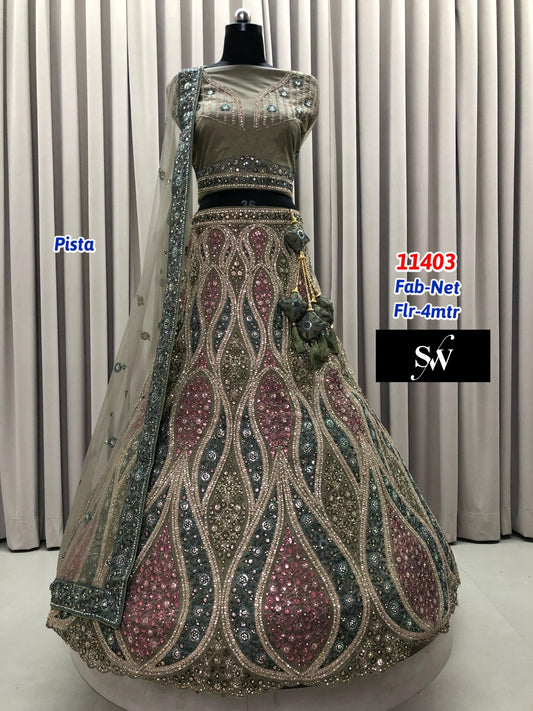 Pista Green Net Lehenga