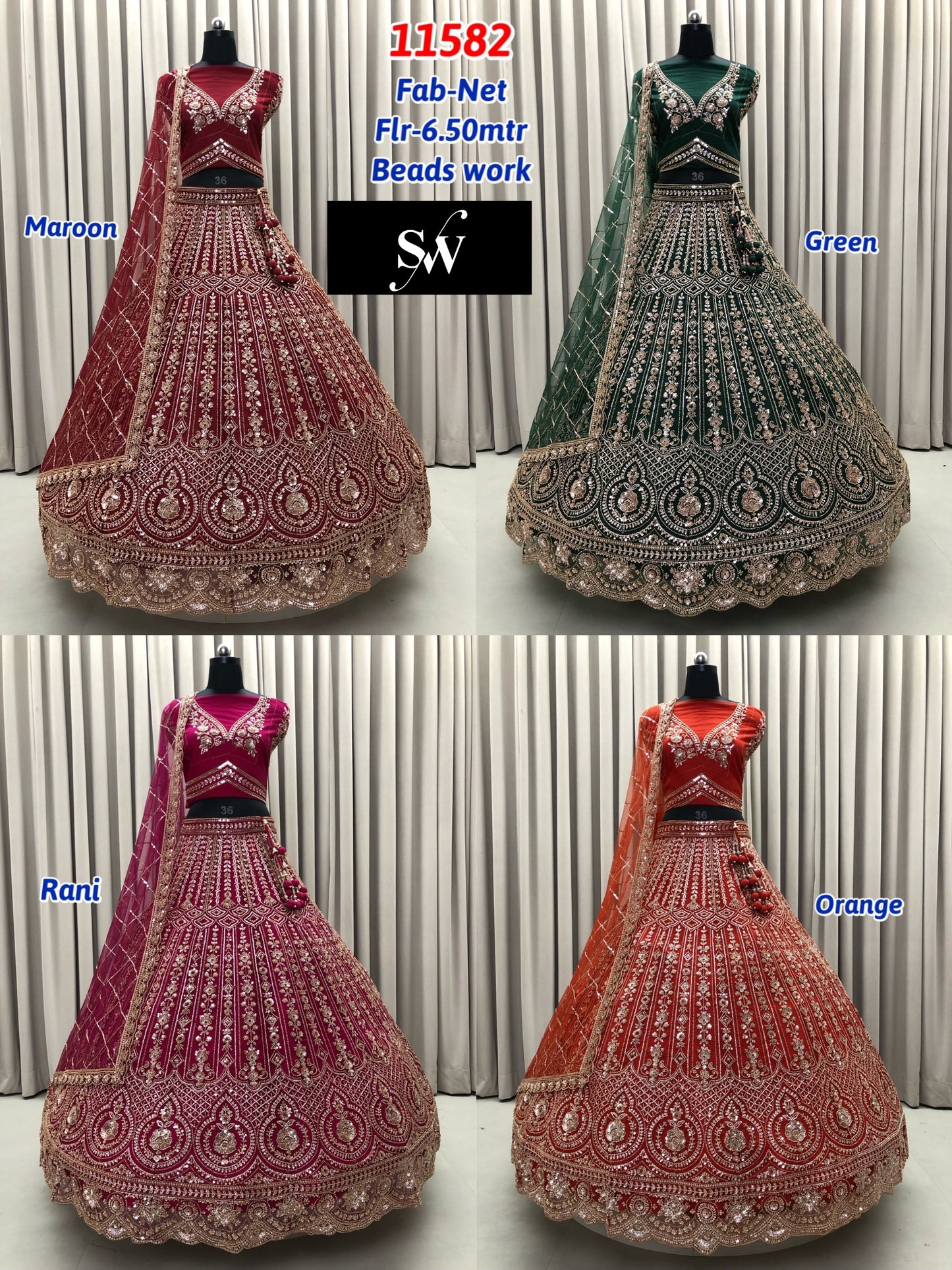 Maroon Green Rani Pink Rust orange Net Lehenga