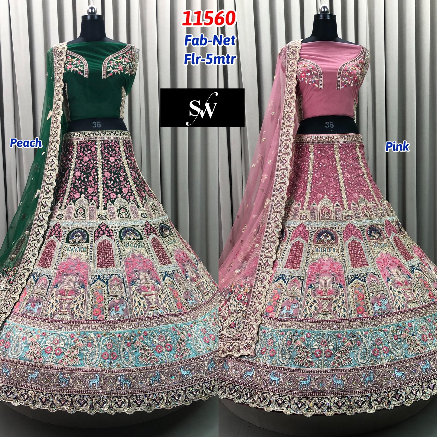 Pink Green Net Lehenga