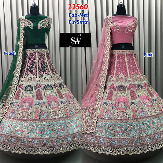 Pink Green Net Lehenga