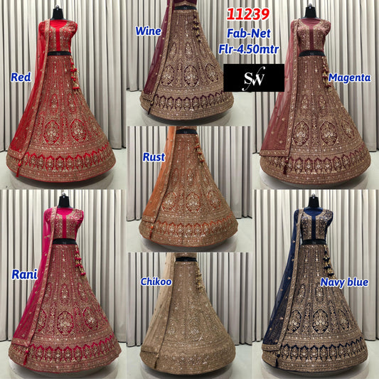 Red wine Rust orange Magenta Rani pink Chiku golden Navy Blue Net Lehenga