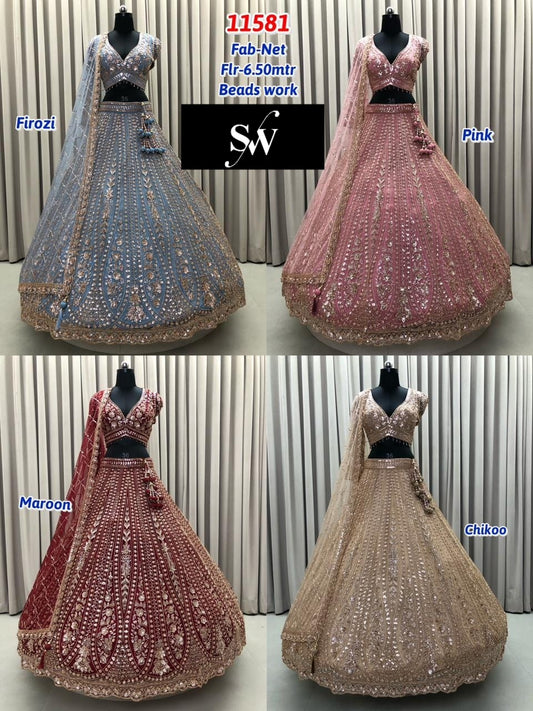 Firozi Blue Pink Maroon Golden Net Lehenga
