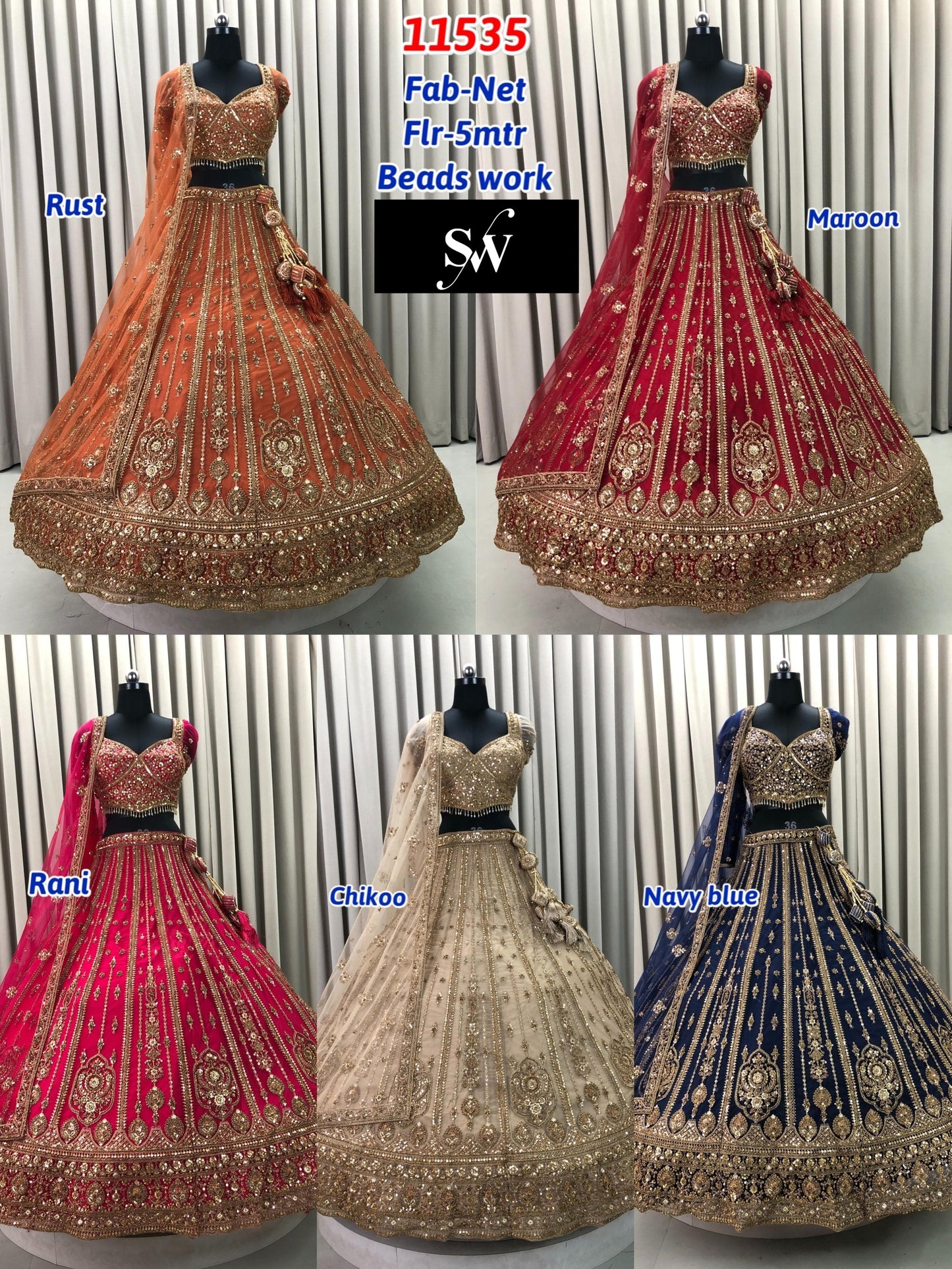 Chiku Golden Navy Blue Maroon Rust Orange Rani Pink Net Lehenga
