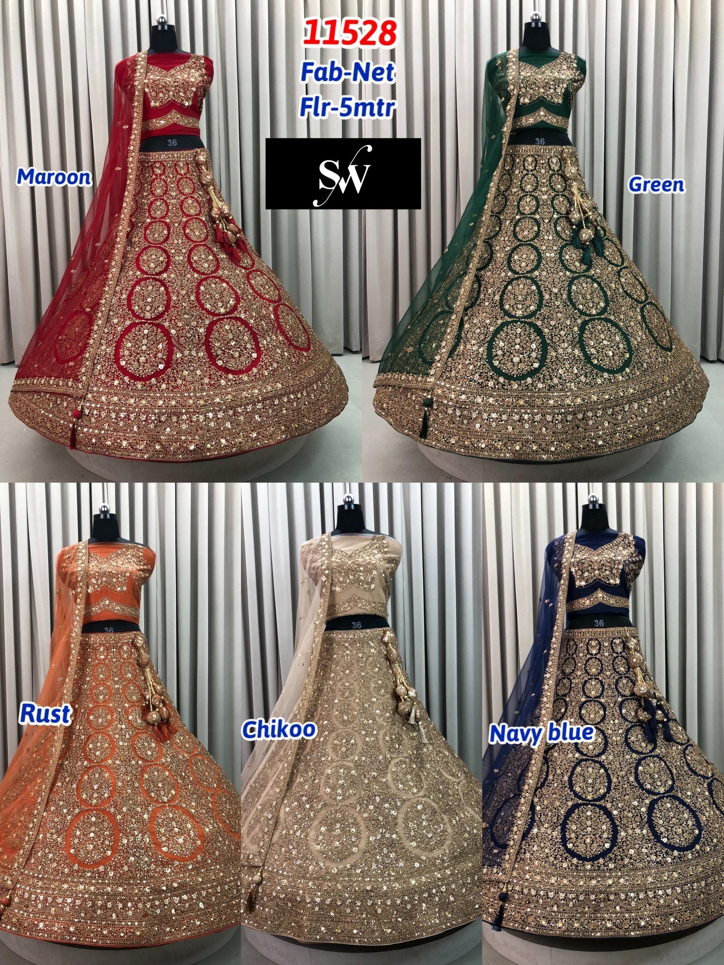Chiku Golden Navy Blue Maroon Rust Orange Rani Pink Net Lehenga