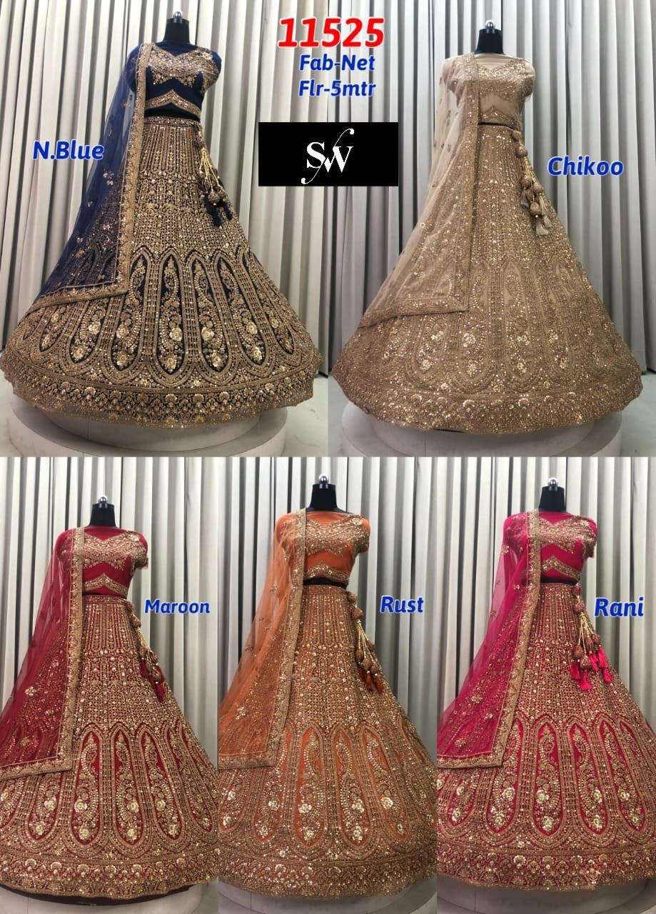 Chiku Golden Navy Blue Maroon Rust Orange Rani Pink Net Lehenga