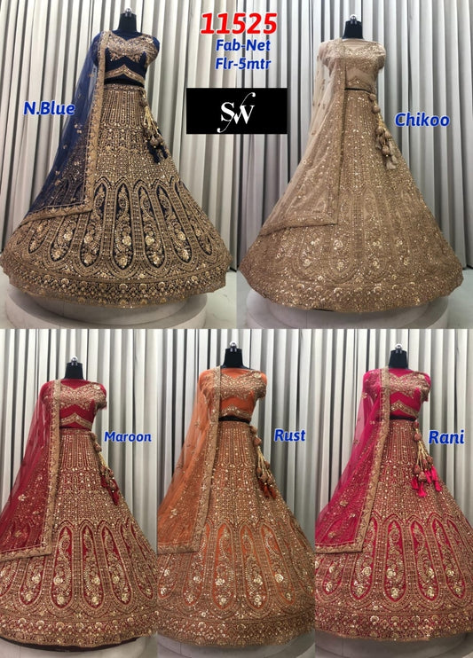 Chiku Golden Navy Blue Maroon Rust Orange Rani Pink Net Lehenga