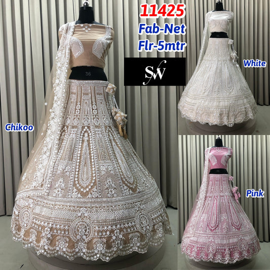 Chiku Golden White Pink Net Lehenga