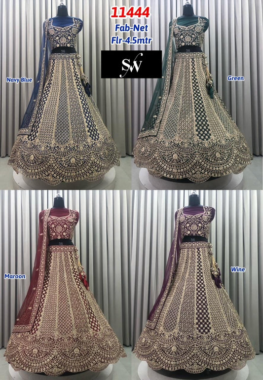 Navy Blue Green Maroon Wine Net Lehenga