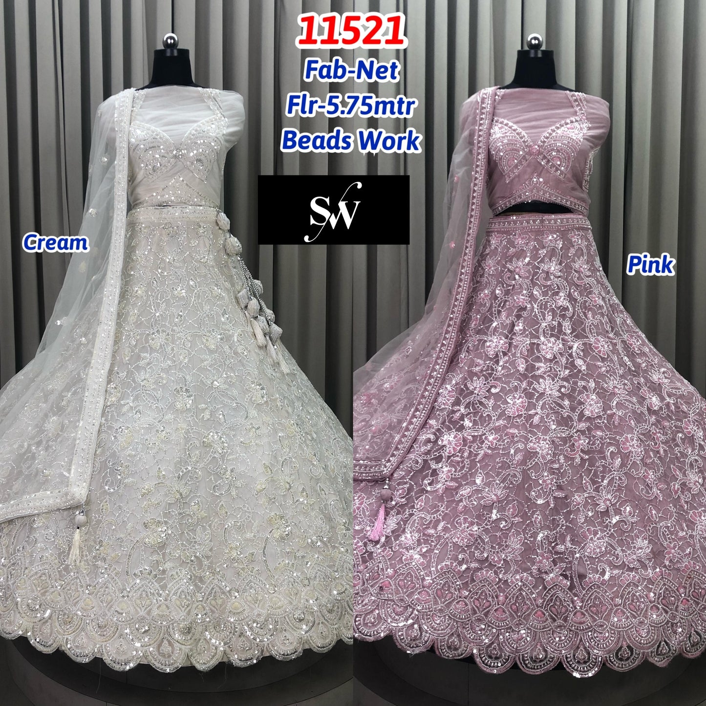 Pink White Net Lehenga