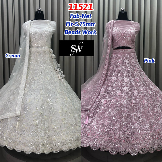 Pink White Net Lehenga