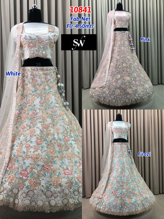 Pink White Firozi Blue Net Lehenga