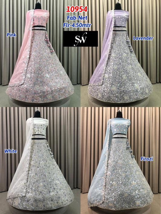 Pink Lavender White Firozi Blue Net Lehenga