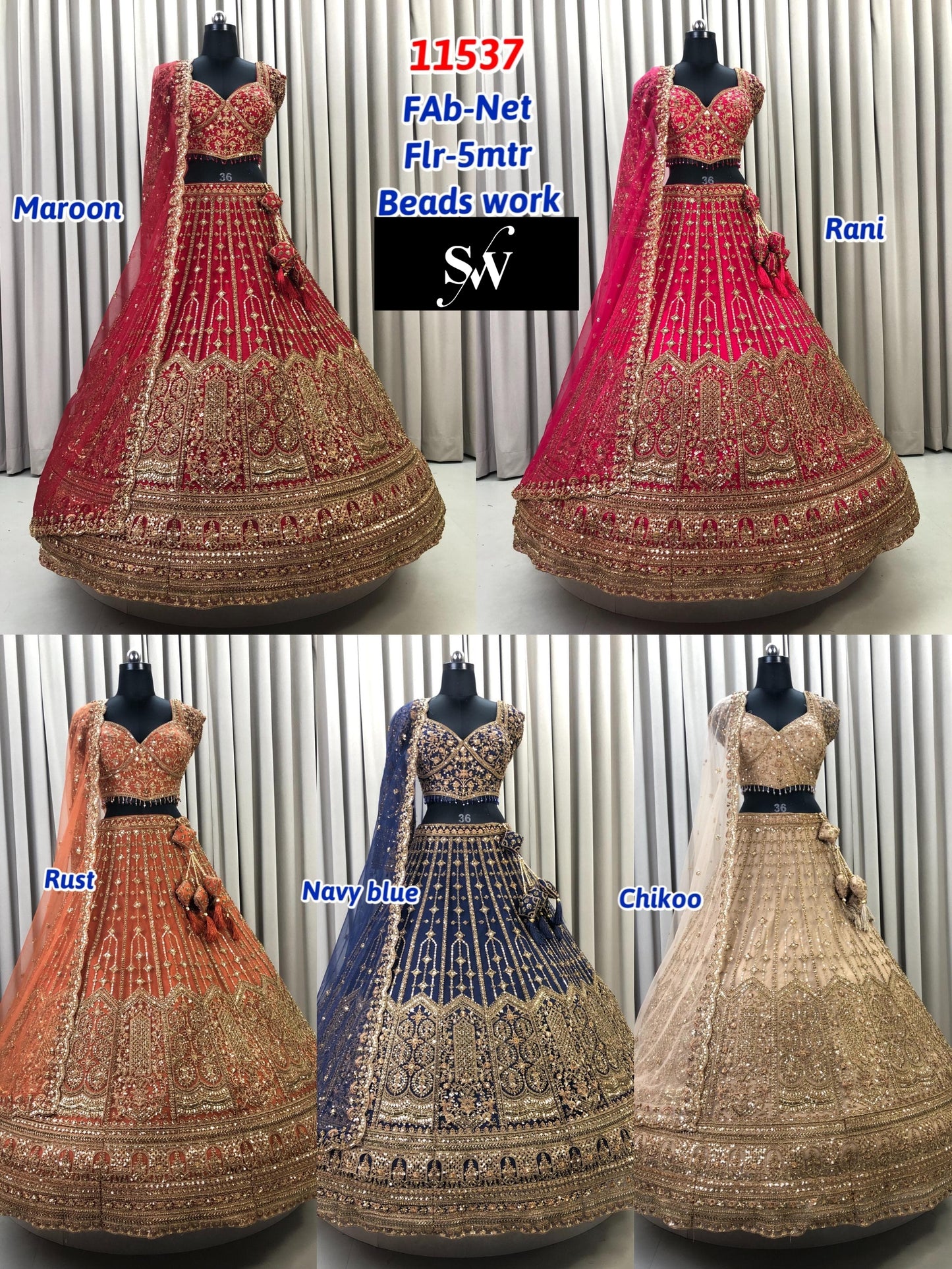 Maroon Rani Pink Rust orange Navy Blue Golden Net lehenga