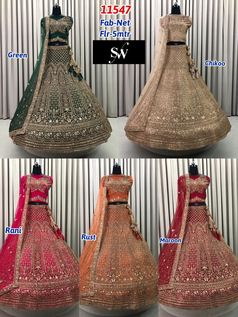 Rust orange Green Maroon Golden Rani Pink Net Lehenga