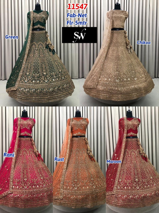 Rust orange Green Maroon Golden Rani Pink Net Lehenga